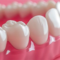 AI generated image of a closeup of set of shiny dentures with a pink background